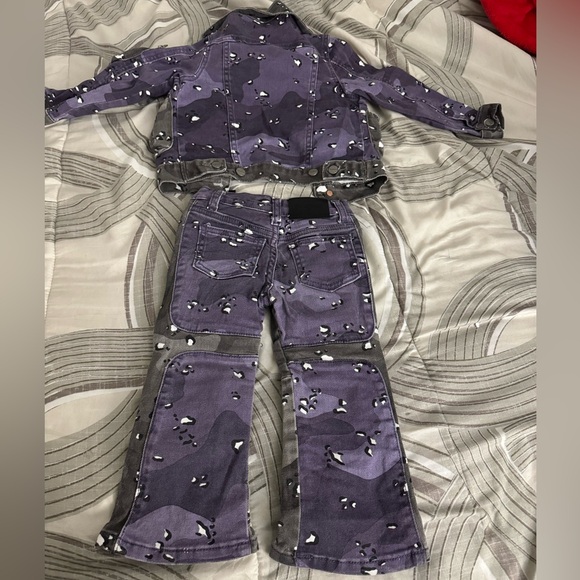 Two piece, purple and gray jean suit. Stack jeans, and a...